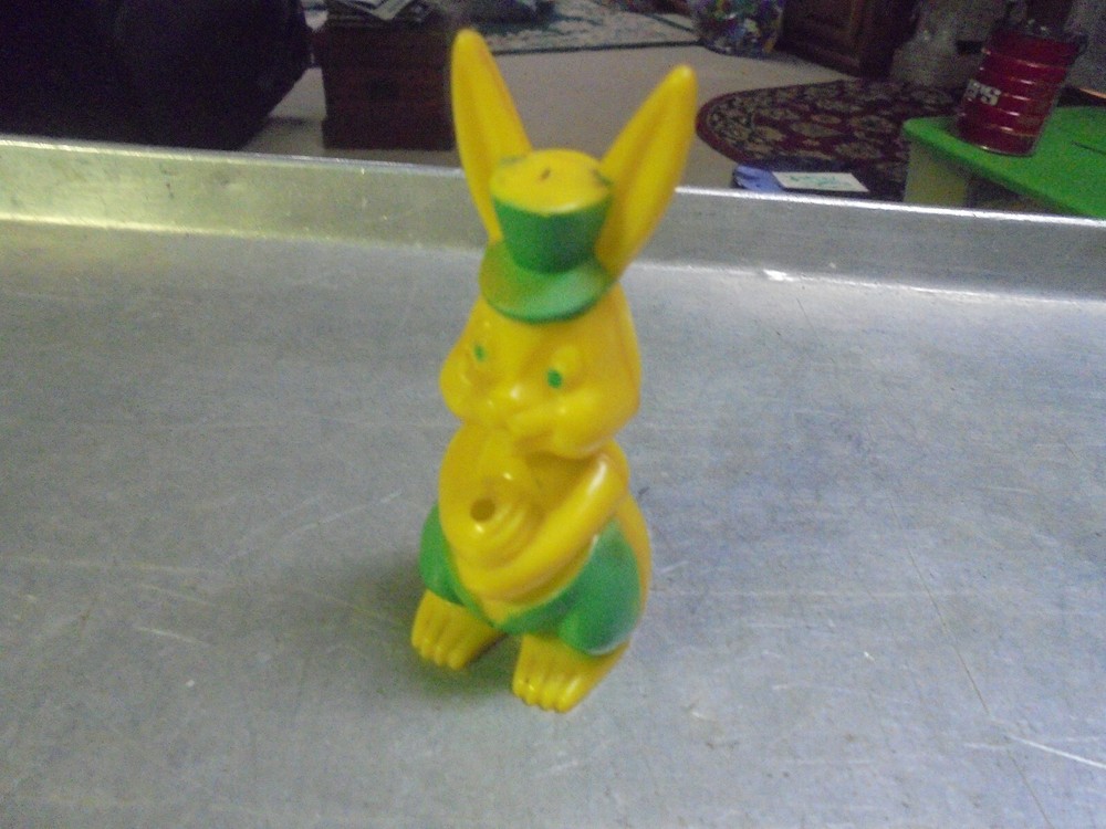 Vintage Hard Plastic Yellow Easter Bunny Top Hat green pants