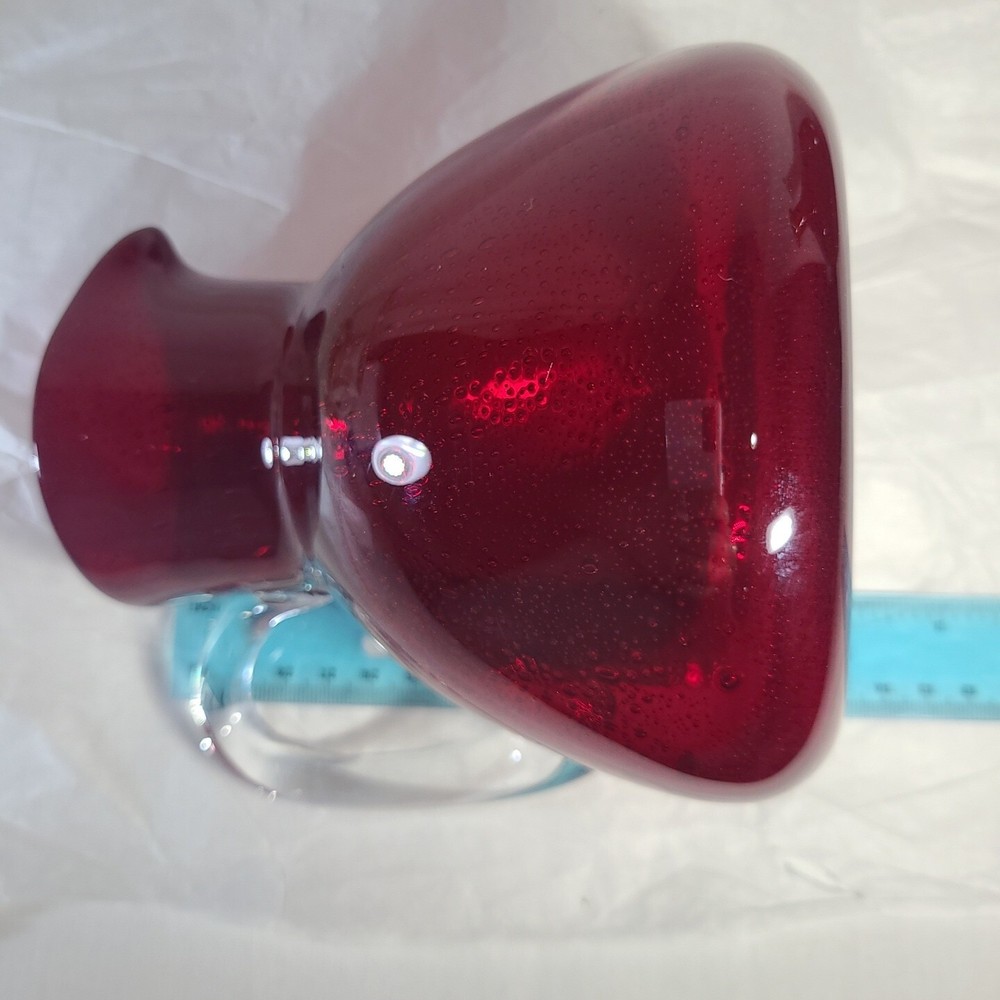 ABIGAIL Hand Blown Red Ruby Art Glass Bubble Pitcher Applied Clear Handle 5.5"