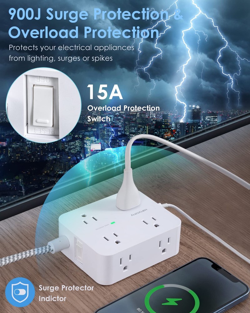 6Ft Surge Protector Power Strip with USB C, HANYCONY Extension 6Ft, White