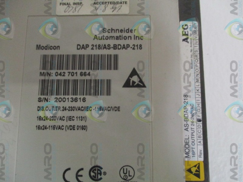 SCHNEIDER AEG MODICON DAP218/AS-BDAP-218 OUTPUT MODULE UNMP