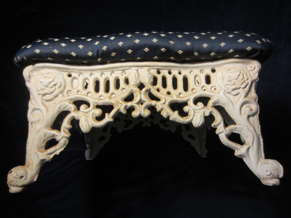 Antique Victorian Cast Iron Open Holed Footed Foot Stool~Upholstered