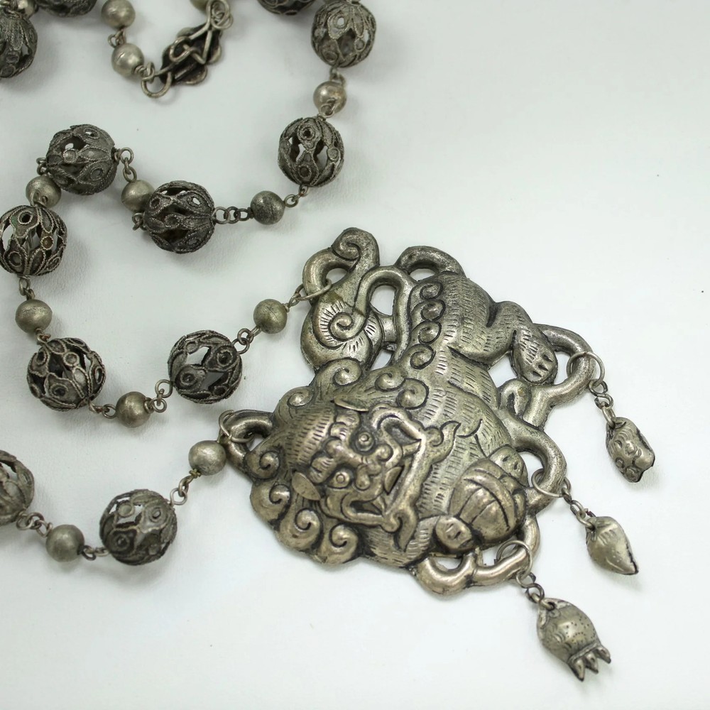 Silver Foo Dog Long Necklace Open Work Bead Intricate Chain Ethnic Origin