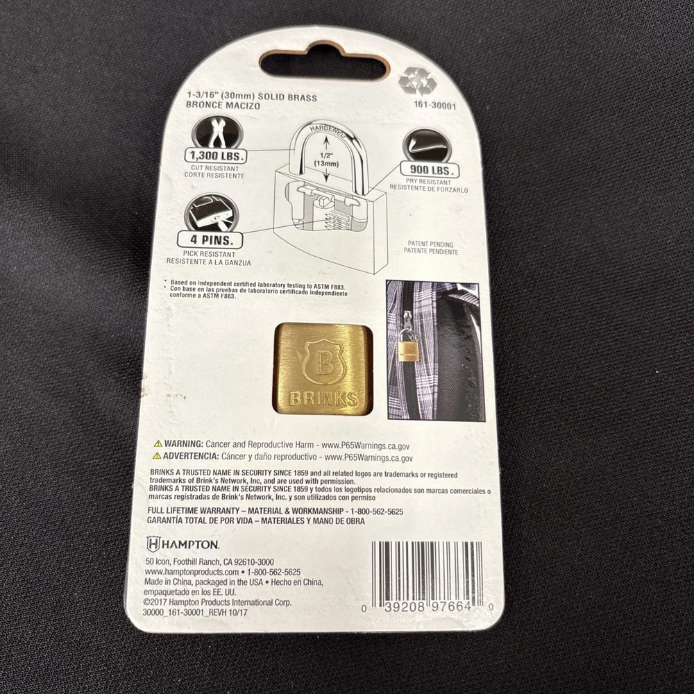 Brinks Solid Brass Body Key Lock 1300 lb Cut & Weather Resistant 16130001