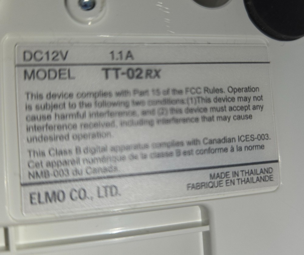 Elmo TT-02RX Digital Document Presenter Camera Projector USB VGA AC Adapter