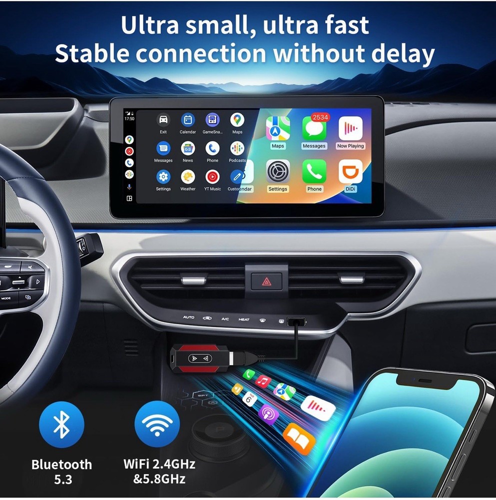 2-in-1 Wireless CarPlay Android Auto Adapter USB Plug & Play Dongle