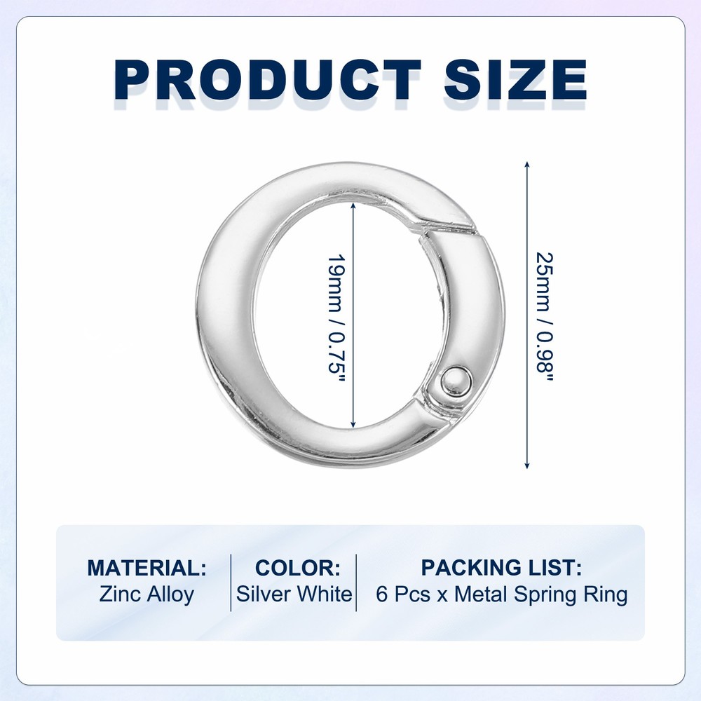 6 Pcs 25mm Round Shaped Spring Snap Keychain Clip for Purses Silver White