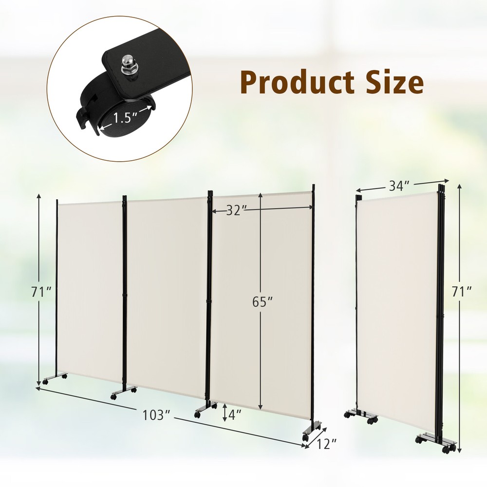 3-Panel Folding Room Divider 6Ft Rolling Privacy Screen w/Lockable Wheels White