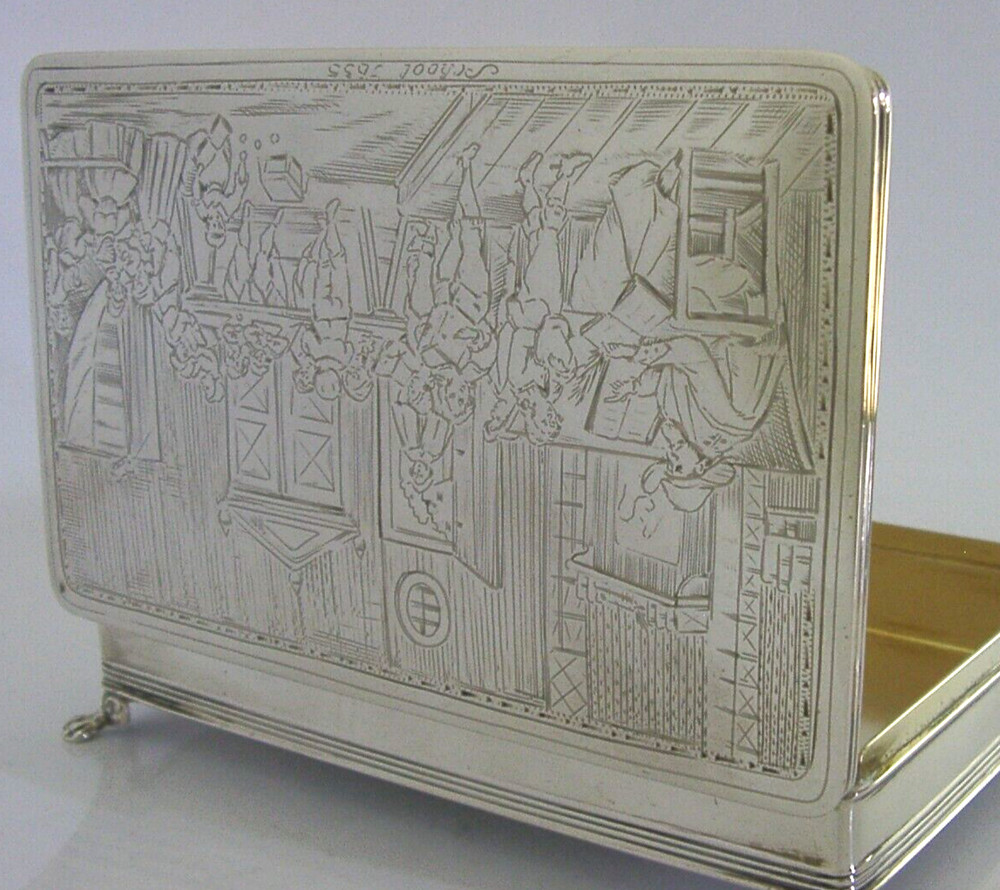 DUTCH 216g SOLID SILVER 1635 SCHOOL SCENE TABLE CIGAR BOX 1900 ANTIQUE VICTORIAN
