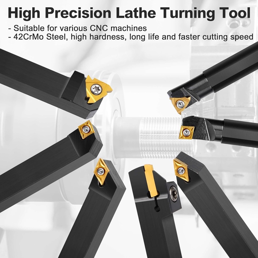 7-Piece Indexable Lathe Tool Kit with 14 Carbide Inserts for Precision Machining