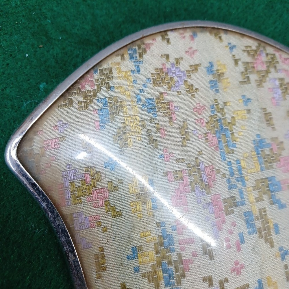 Vintage Hand Held Vanity Mirror Needlepoint Print On Back
