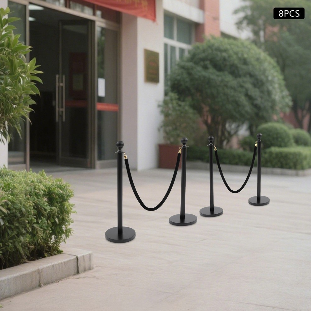 8PCS Black Stanchion Posts Queue Pole with 4 Velvet Ropes Crowd Control Barrier