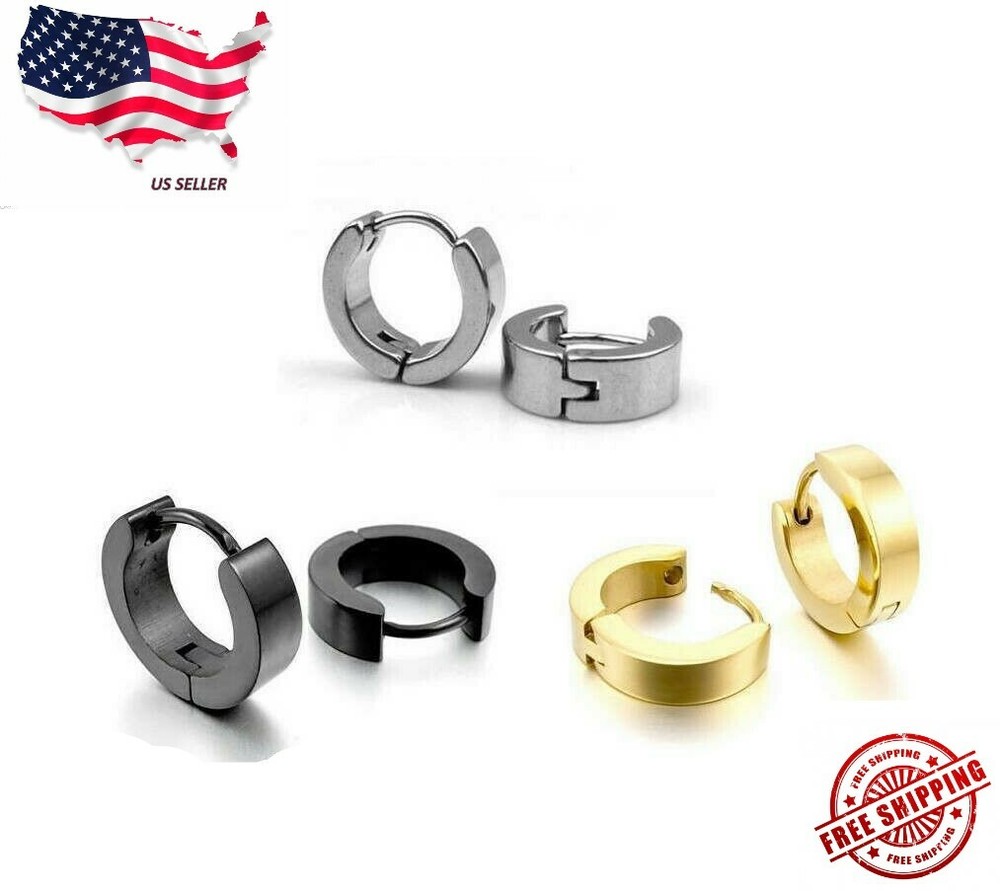 Men's Silver Plated Stud Hoop Earrings Charm Elegant Silver Gold Black