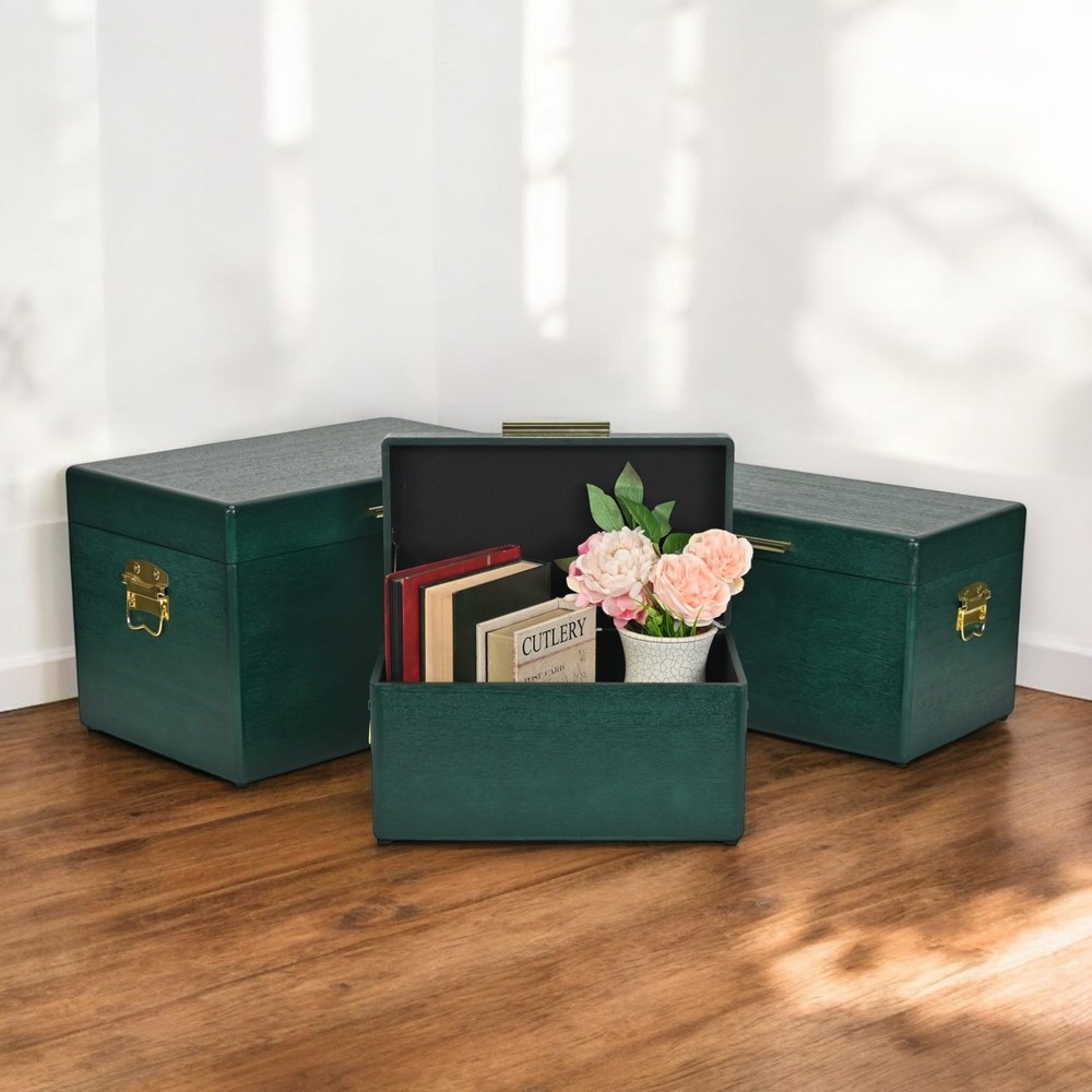 Cheungs Sable Green Rectangle Wood Trunks Gold Handles Set 3