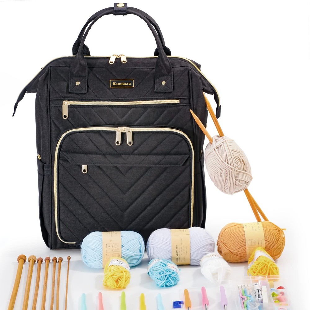 Knitting Bag Backpack, Yarn Organizer with USB Charging Port, Quilted Backpac...
