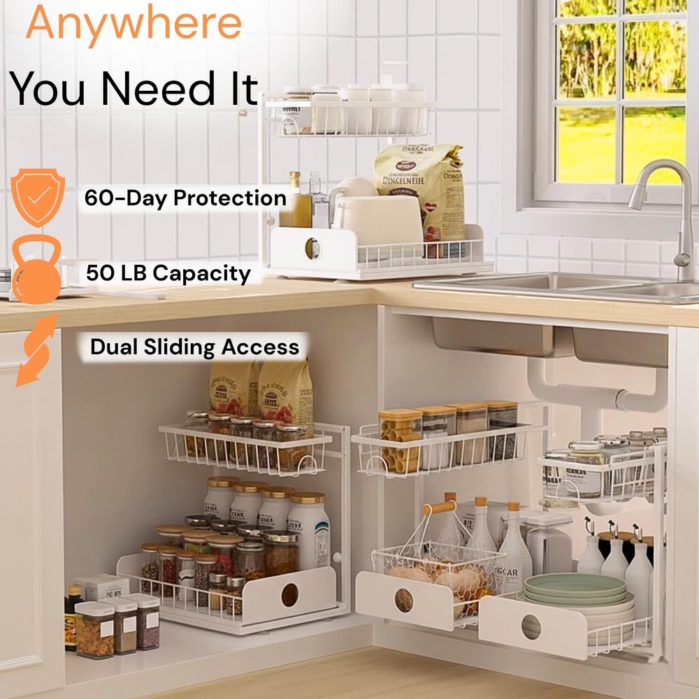 Under Sink Organizer, 1 Pack, 2 Tier Pull Out Sliding Shelf, Adjustable Heigh...