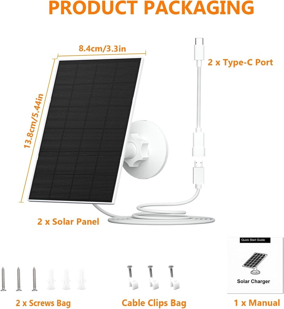 Zivif 2W Solar Panel Charger 2-Pack USB-C & Micro USB Adjustable for Security