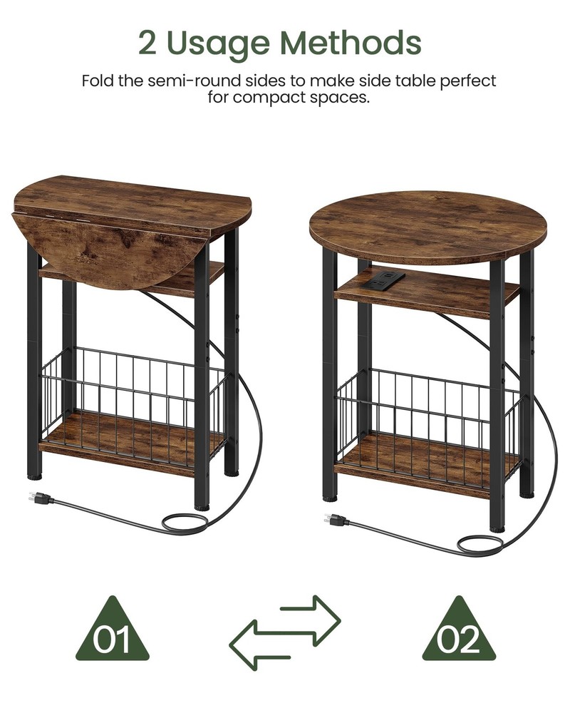 Folding Side Table with Charging Station, 3-Tier Narrow End Table with Foldin...