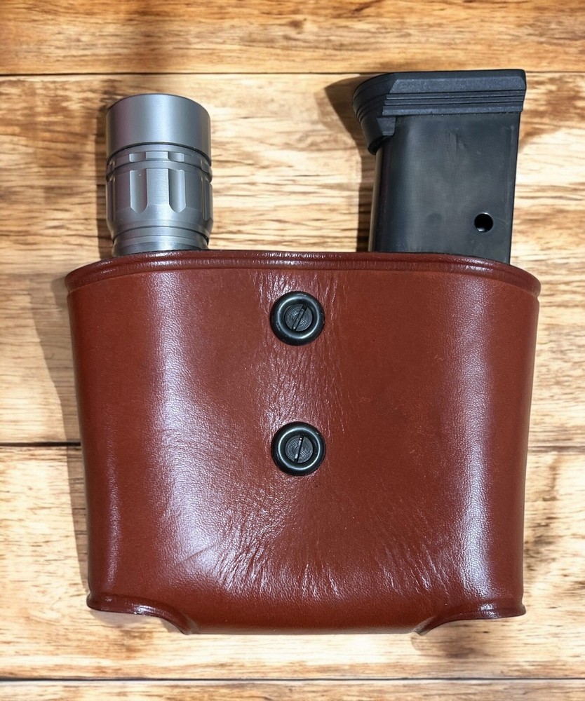 Brown Leather Magazine & Flashlight Pouch for 9mm GLOCK Double Stack