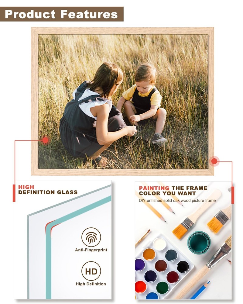 8x10 Frames Natural Oak Wood Frames with Acrylic Plexiglass, 4 Pack