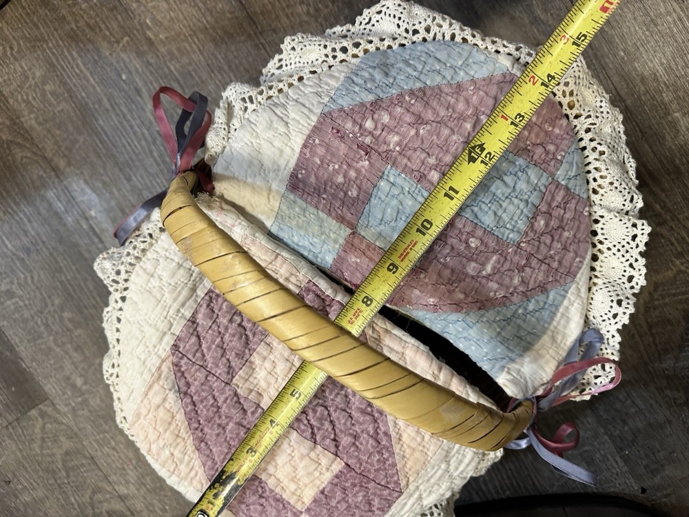 Vintage Handmade Quilted Sewing Basket Wicker Handle Patchwork Lid Cottagecore