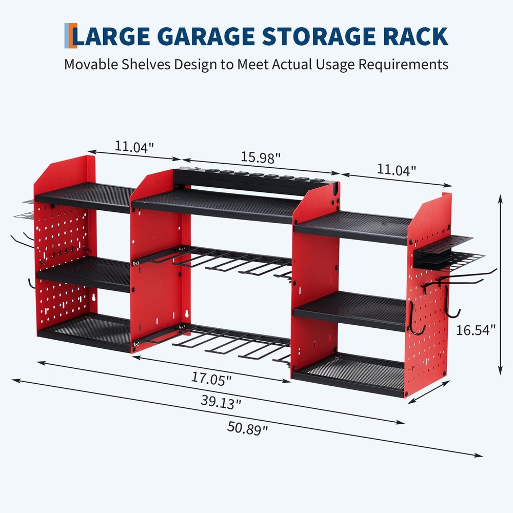 Power Tool Organizer Wall Mount 3-Layer Garage Rack 8 Outlets Drill Storage Hook