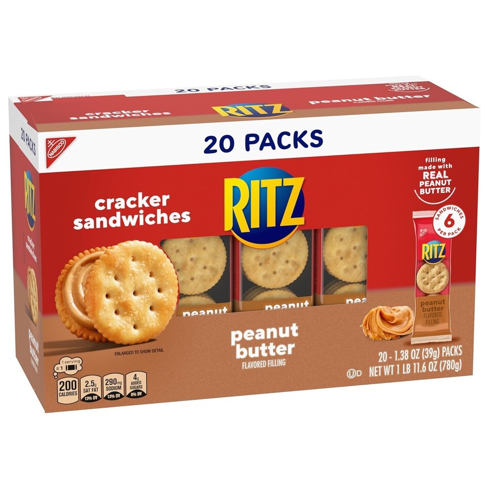 RITZ Peanut Butter Sandwich Crackers, 20 Snack Packs, 6 Crackers per Pack