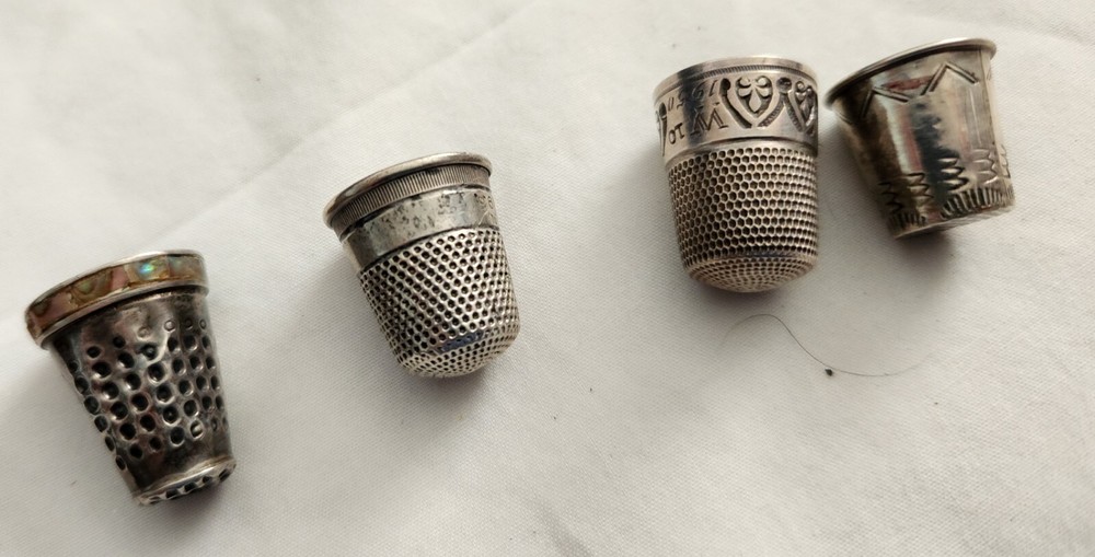 4 VICTORIAN STERLING THIMBLES ONE W, ABALONE SHELL