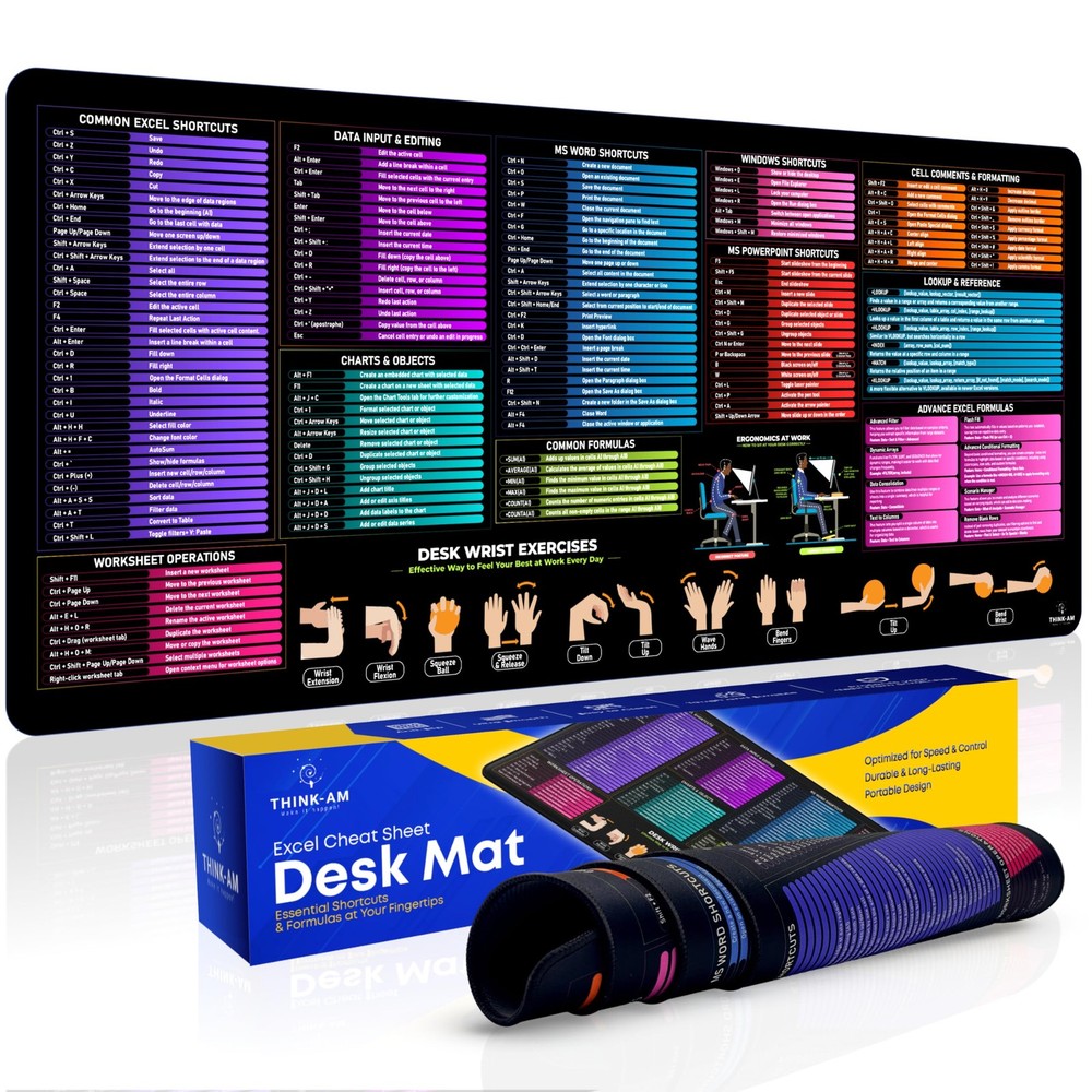 Excel Cheat Sheet Desk Pad, 35"x15.7", Waterproof Extra Large Excel Shortcut Mat
