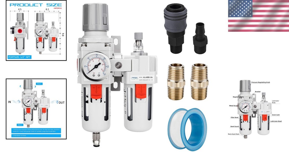 1/2" NPT Compressed Air Filter Regulator Lubricator Combo for Professionals
