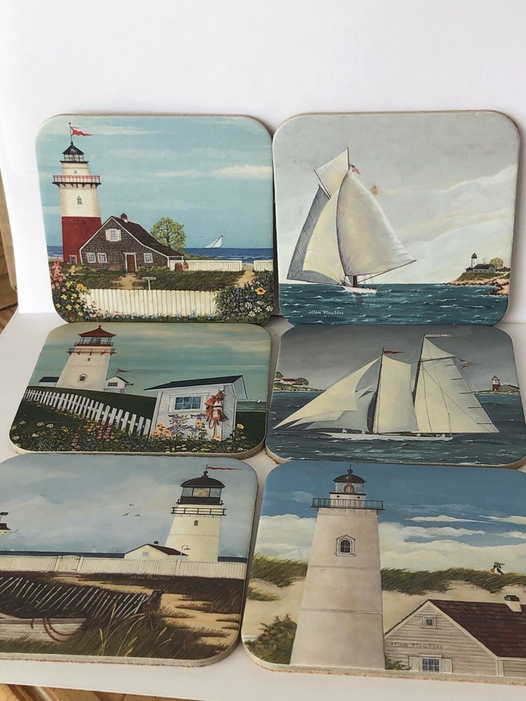 Six Cork Coasters, Featuring Lighthouses and Tall ships.