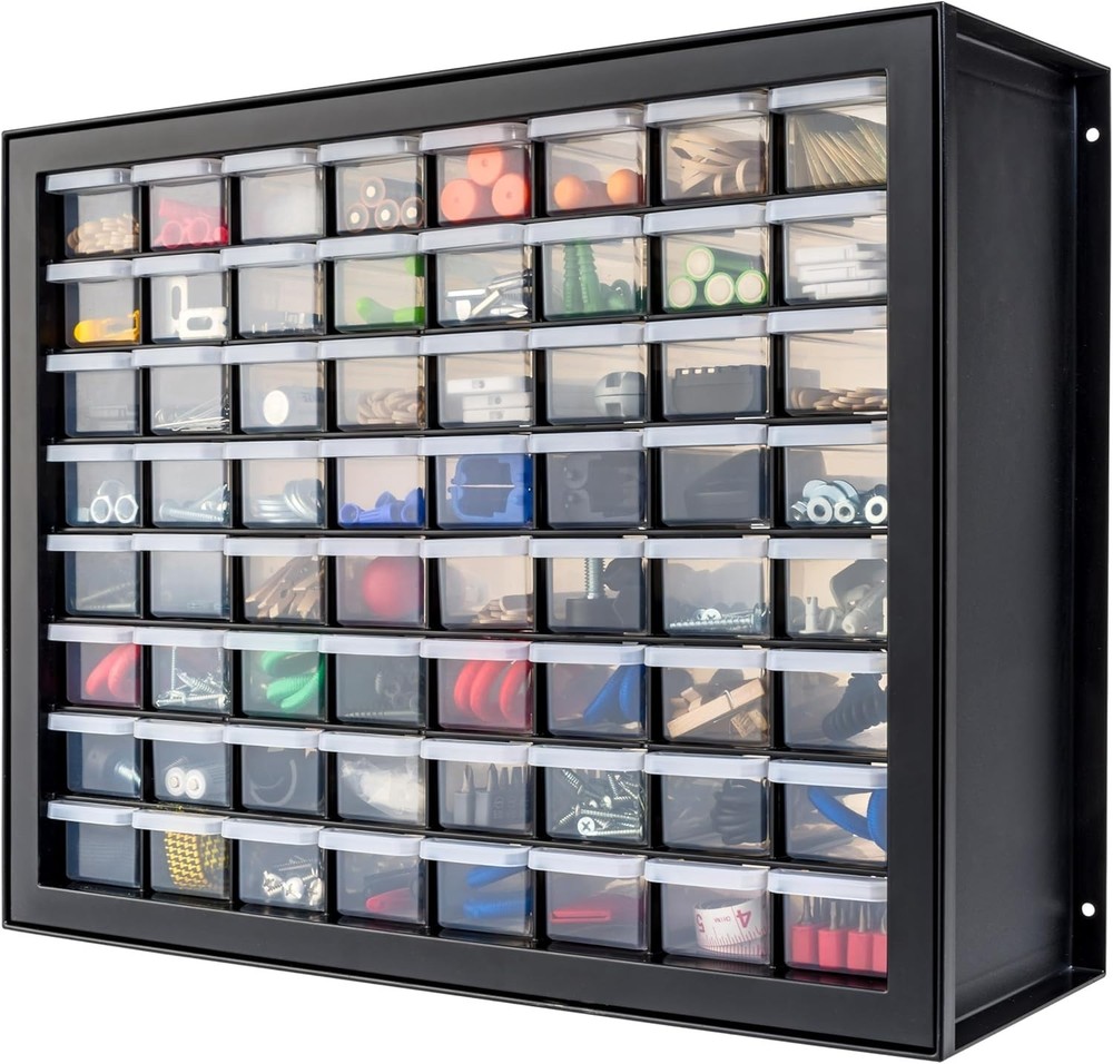 IRIS 64 Drawer Black Plastic Hardware Organizer Cabinet - Stackable Tool Storage