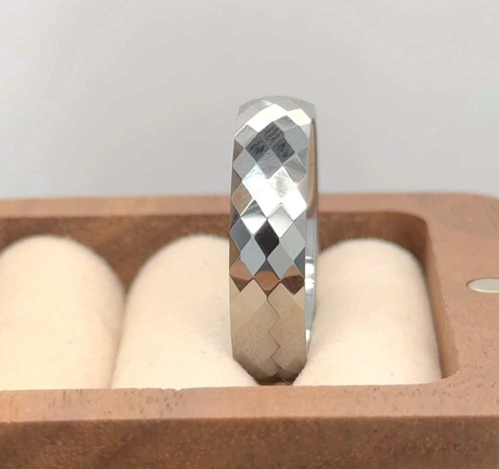 Faceted Pattern Stepped Edges Ring Silver Tungsten Elegant Band Fiancé Ring