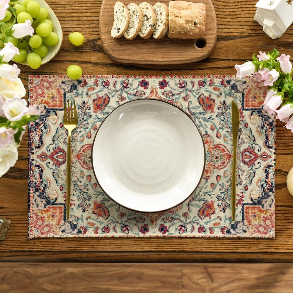 Artoid Mode Boho Placemats Set of 4, 12" x 18", Rectangular 4 Pcs, Orange
