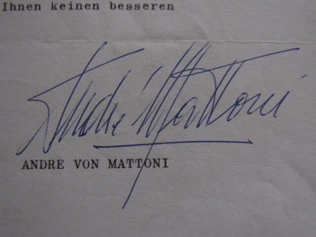 1970 Austrian Actor ANDRE VON MATTONI Typed & Signed Letter