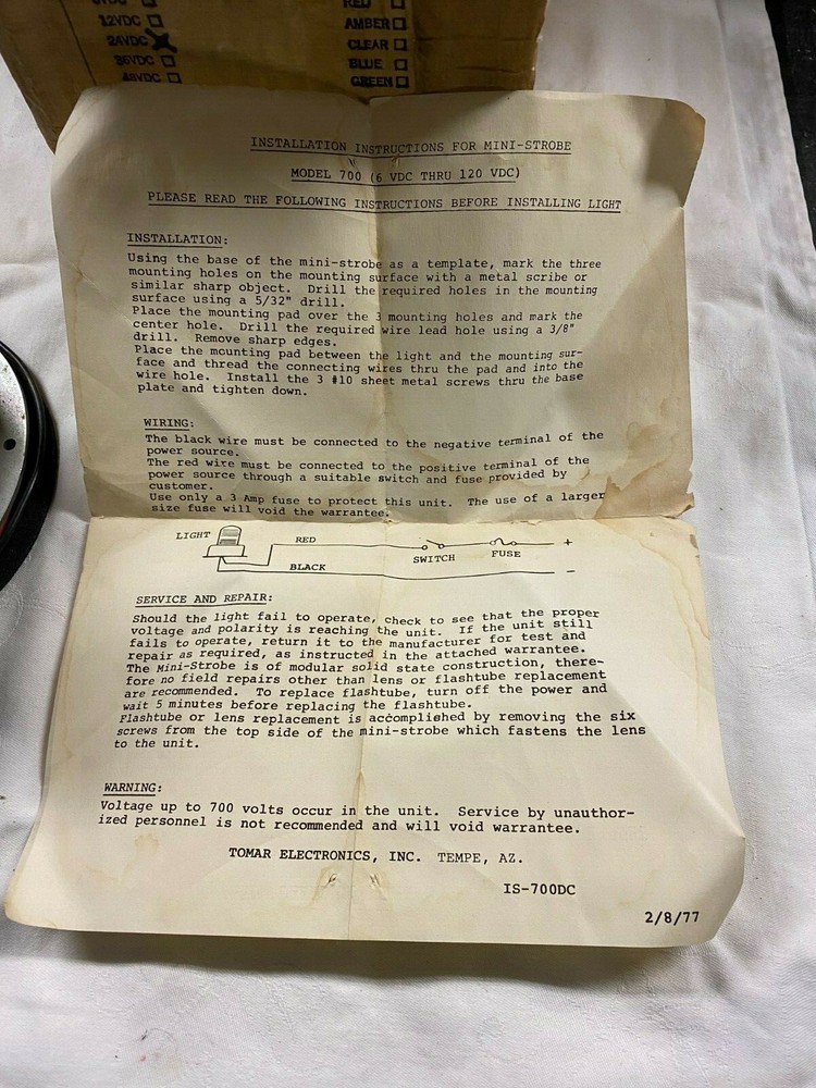 VINTAGE 1977 "TOMAR" MINI STROBE LIGHT-MODEL 700-24 VOLT