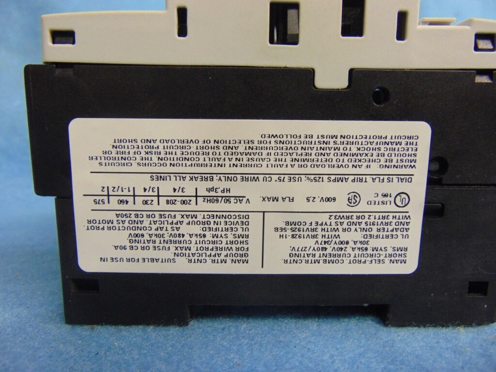 SIEMENS RELAY, 3RV1021-1CA10, 3 PHASE, ON/OFF SWITCH