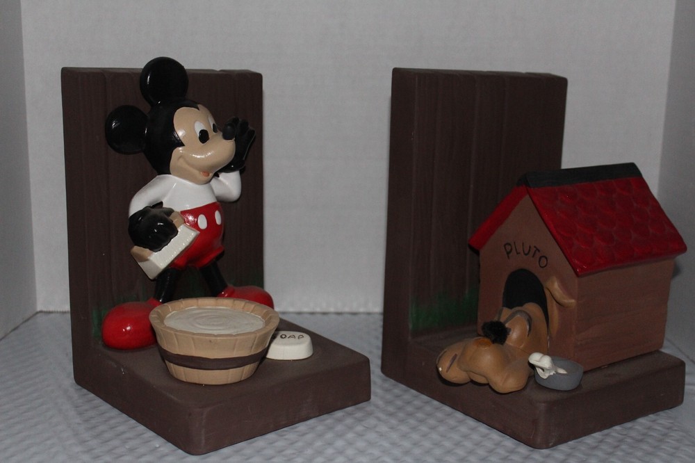 Mickey Mouse Vintage Ceramic Bookends calling Pluto for Bathing Day Pair EUC