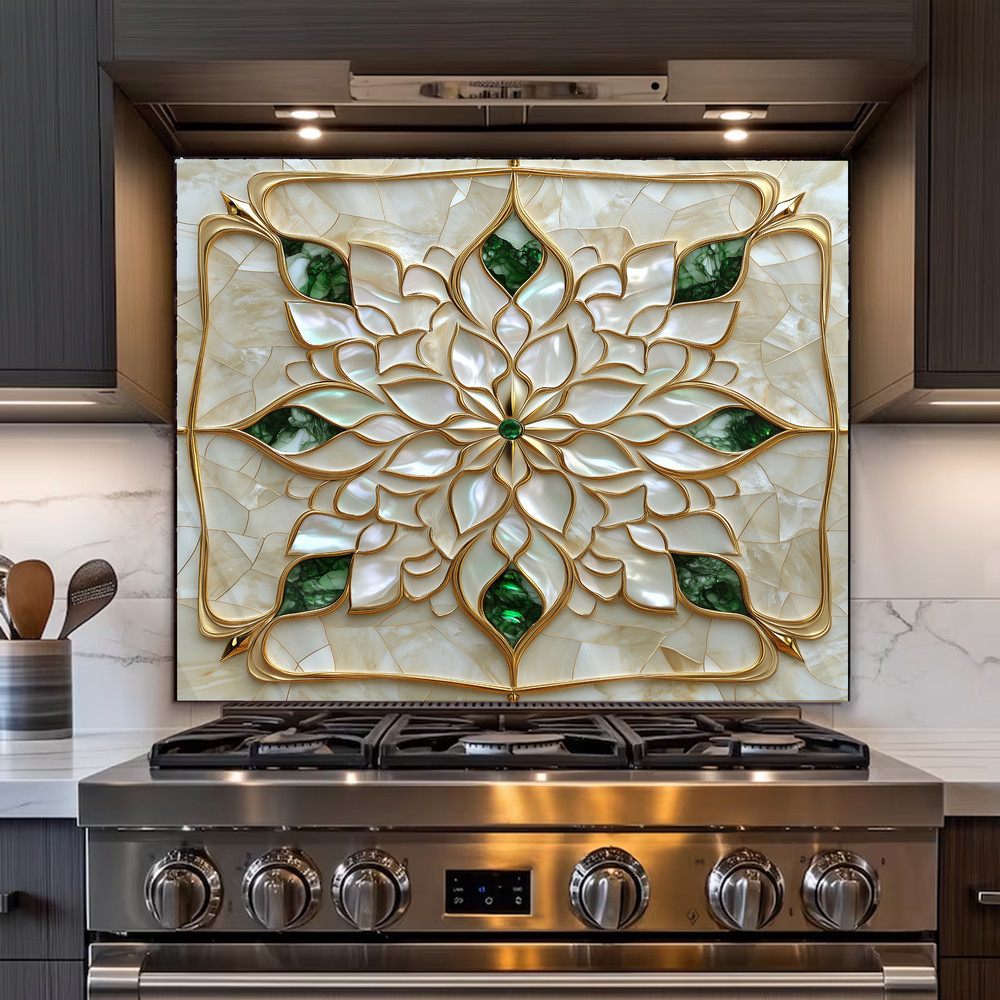 Tempered Glass Kitchen Backsplash, Gold Indian Pattern Stove Guard, US Made