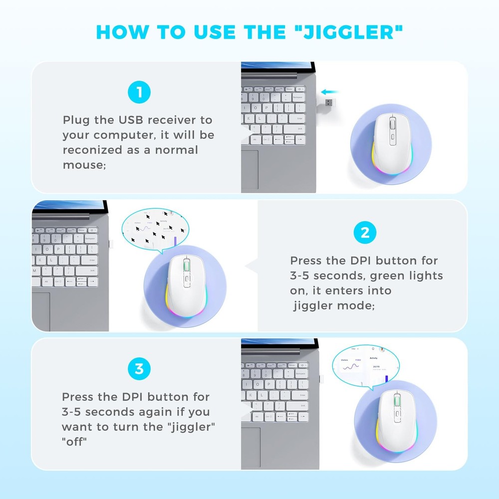 Wireless Mouse LED With Jiggler Mover Rechargeable Undetectable White Computer