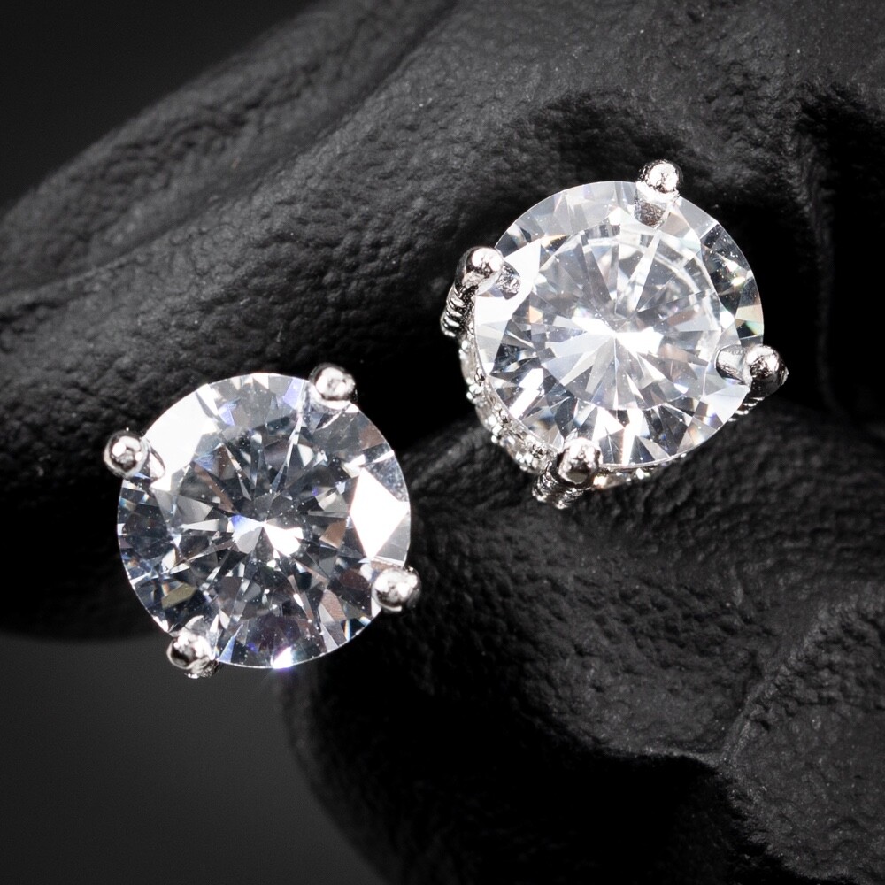 Fully Iced Round Solitaire 925 Sterling Silver Circle Stud Screw Back Earrings