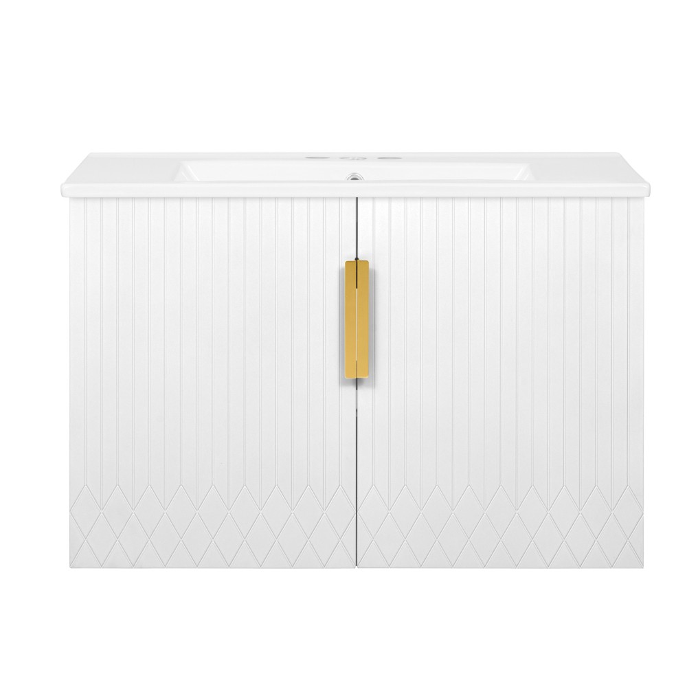 Bathroom Vanity W Ceramic Sink Three-Hole Mounting Features Two Soft-Close Doors