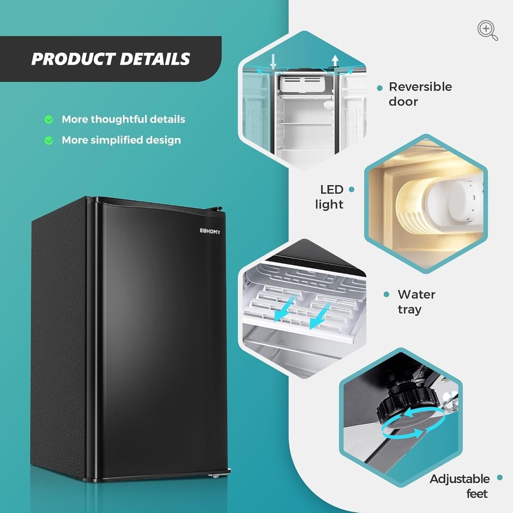 3.2 Cu.Ft Mini Fridge with Freezer, Single Door Compact Refrigerator, Adjusta...