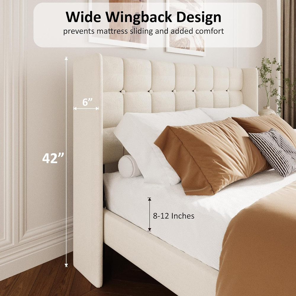 Elegant Velvet Queen Bed Frame with Wingback Headboard - Easy Assembly, Beige