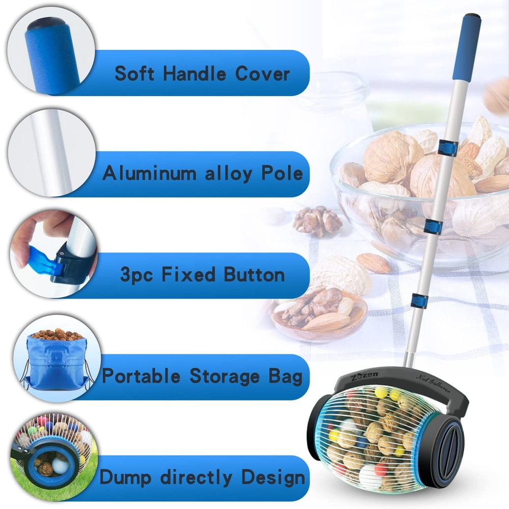 Zozen Nut Gatherer, Acorn Picker Upper, Pecan Objects 3/8'' to 1'', Blue