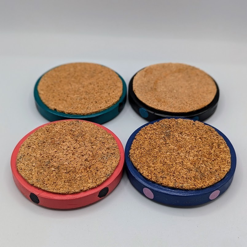 4 x Hand Made Cork Coasters, Colorfully Painted