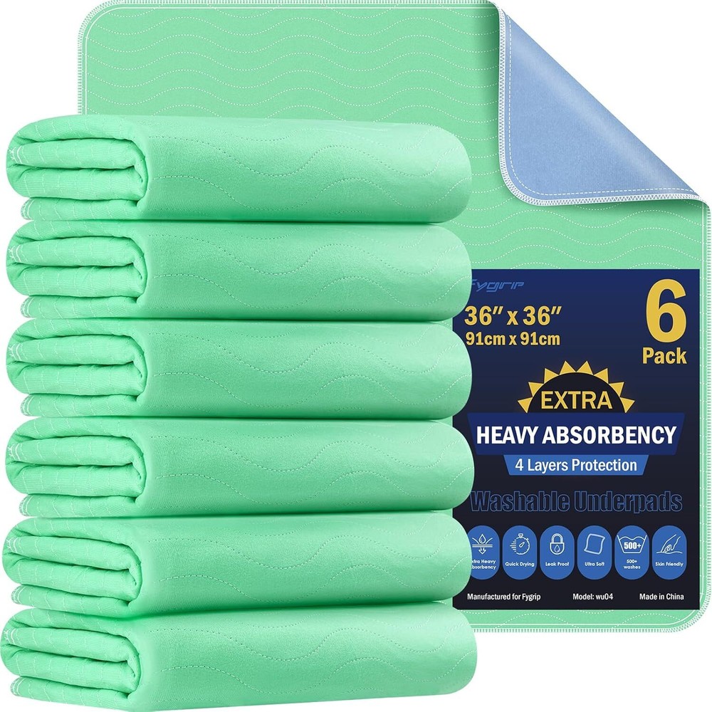 6 Pack 36” x 36” Heavy Absorbency Washable Underpads, Waterproof Quick Drying