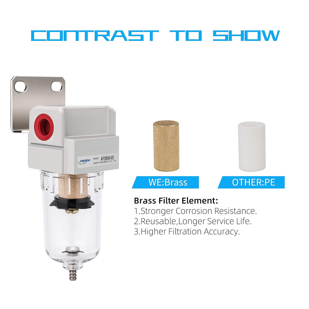 1/4" NPT Compressed Air Line Filter, 5 Micron Brass Element, Bracket, Poly Bowl,