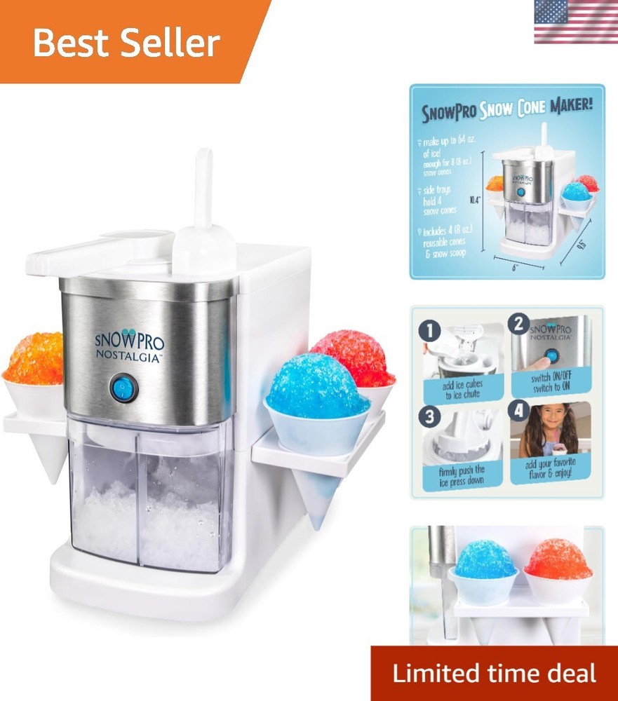 Convenient Snow Cone Machine with 4 Reusable Cups - Stainless Steel Finish