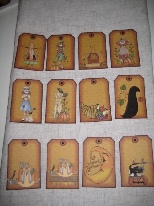 PRIMITIVE COLLAGE OF 12 FALL HANG TAGS (PLP-2)
