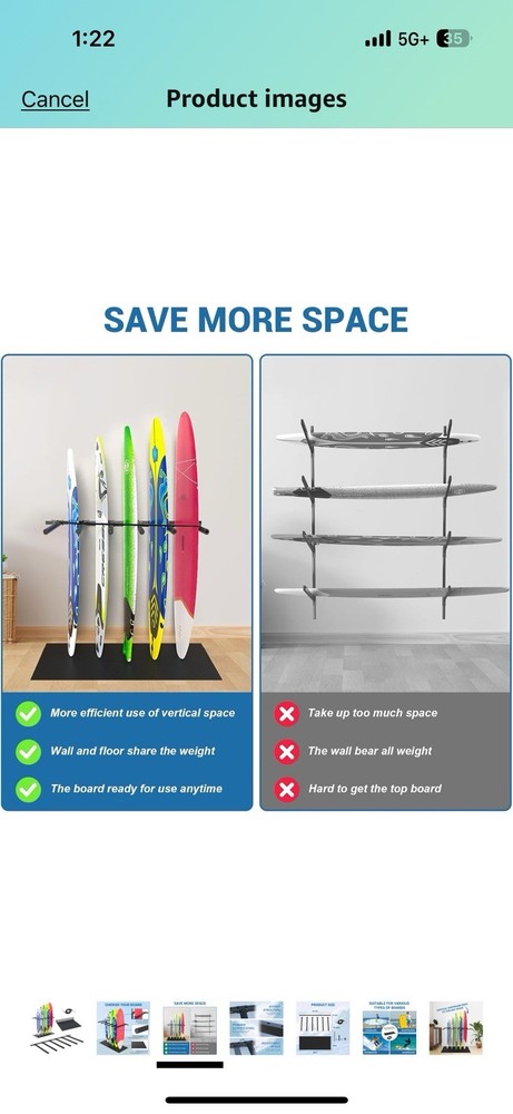 Vertical Surfboard Rack for Wall, Surfboard Wall Mount with Bungee Cord and R...